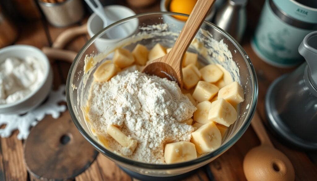 Mixing banana bread batter